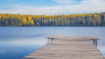 Wooden pier sits on the edge of a lake, with trees in the background