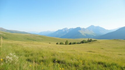 Obraz premium Scenic Mountain Landscape with Green Meadows and Clear Sky
