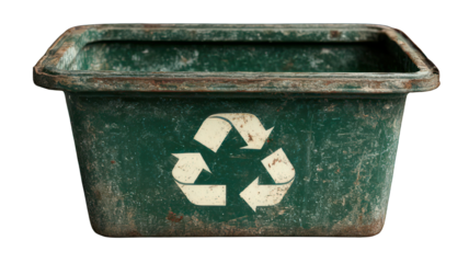 Weathered green recycling bin with faded logo, placed on a textured surface, highlighting sustainability