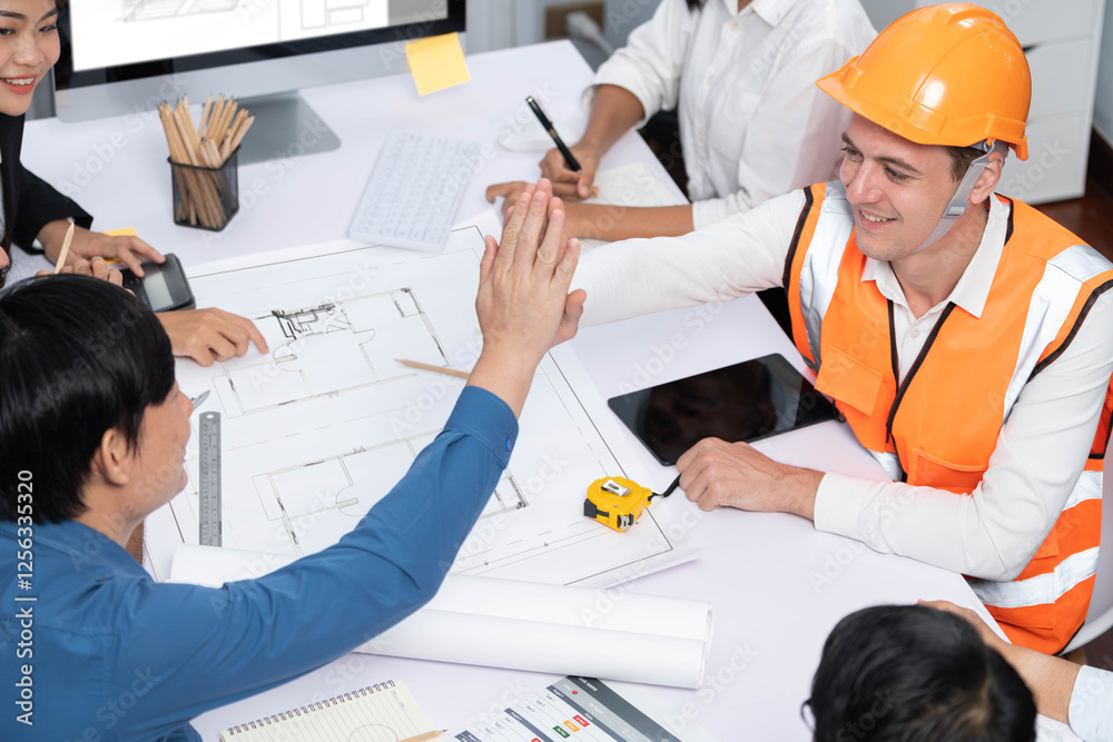 Aufkleber diverse group of civil engineer and client celebrate and high five after make successful agreement o
