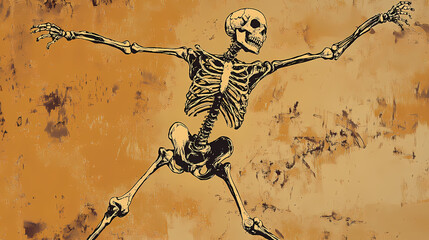 A dancing skeleton against a textured brown background captures the playful spirit of halloween celebrations and festivities. Dancing Spirits. Illustration