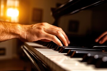 Fototapeta premium Close-up of male hand playing piano keys with sunset lighting