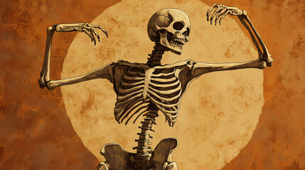 A dancing skeleton against a textured brown background captures the playful spirit of halloween celebrations and festivities. Dancing Spirits. Illustration