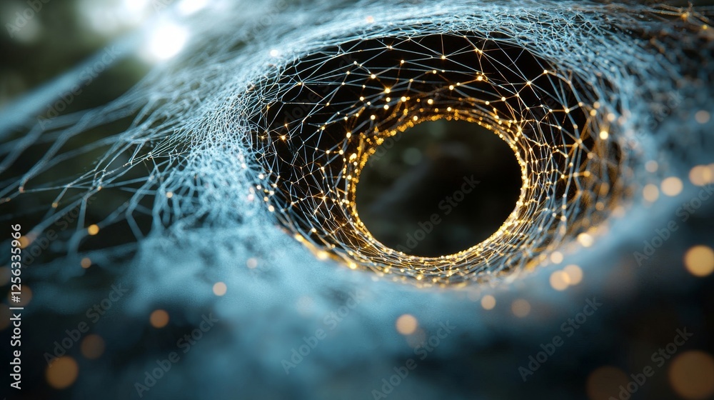 Poster glowing lines that trace delicate patterns, echoing a digital spider's web, signify the web of inter