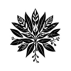 Black-and-white composition of plant leaves arranged in a circular formation, symmetrical and pattern-like.