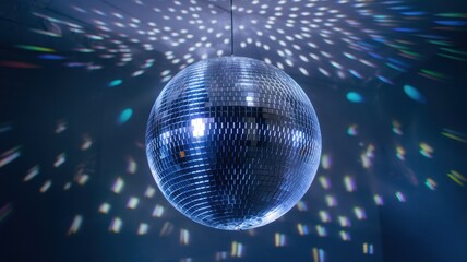 Obraz premium A vibrant disco ball hangs from the ceiling, casting colorful light reflections on a dark background, creating a lively and festive atmosphere.