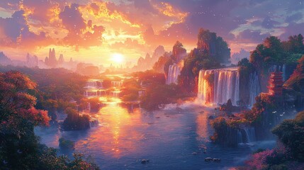 Sunrise Waterfall Fantasy Landscape