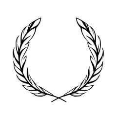 Obraz premium Black and white image of a symmetrical wreath comprised of two halves of olive branch leaves, in which the stems are crossed. The wreath is on a white background.