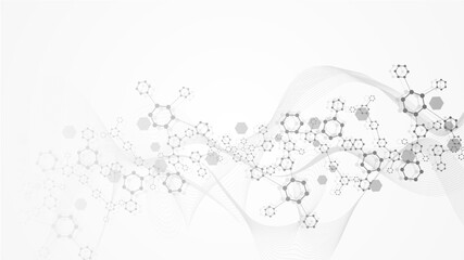 Modern scientific background with hexagons, lines and dots. Wave flow abstract background. Molecular structure for medical, technology, chemistry, science. Vector illustration