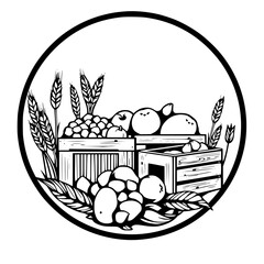 Abundant Harvest Bounty: A stylized, simple illustration of an arrangement of wheat-like grains, fruits, and fruits in crates.