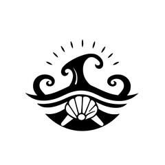 Black and white, stylized wave cresting over a shell, with rays emanating from the top, symbolizing the sun, wave and the ocean
