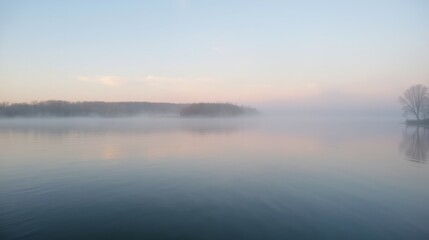 Fototapeta premium Serene Morning Mist on Calm Water with Soft Blue Sky Reflection