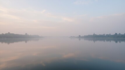 Fototapeta premium Tranquil Morning Landscape with Mist Over Calm River Surface