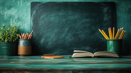 A serene classroom setting featuring an open book, stationery, and a chalkboard on a wooden desk