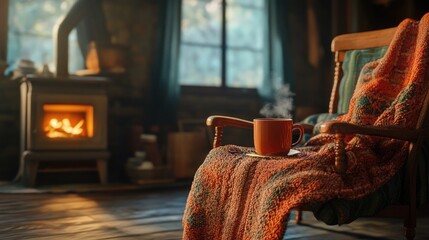 mug of hot tea stands on a chair with a blanket in a cozy living room with a fireplace