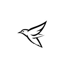 Black and white minimalistic depiction of a bird in flight, clean lines, a graphic drawing on a white background.