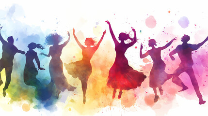 Naklejka premium Diverse group of elegant people dancing joyfully, watercolor style illustration. Dancing Spirits. Illustration