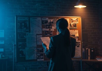 Woman detective analyzing evidence board in dimly lit room. Crime investigation scene. Police officer studying case files and photos at night.