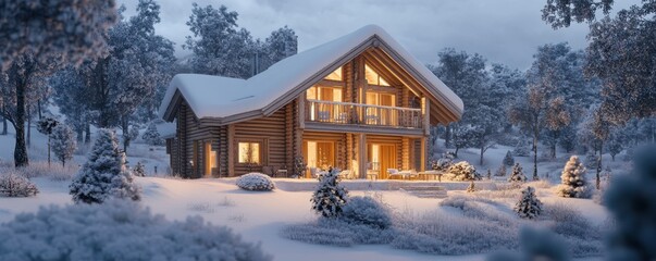 Cozy winter cabin in snowy landscape at dusk with warm glow from lights