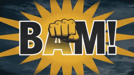 Dynamic comic-style illustration featuring the word 'BAM!' with a powerful fist emerging, set against a bold yellow and gray background.