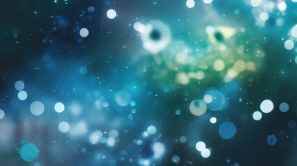 A mesmerizing abstract background showcasing floating bokeh lights in shades of blue and green, creating a calming and dreamy atmosphere.