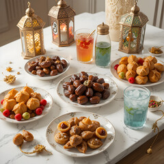 Delicious ramadan sweets festive iftar table setting with dates food warm on transparent background