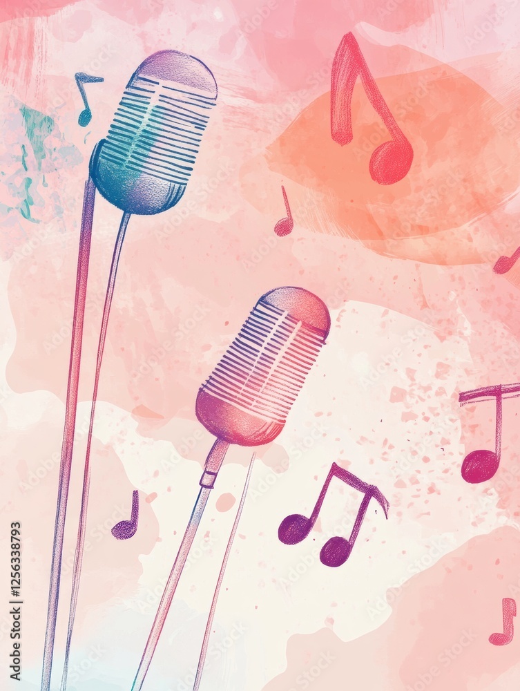 Fototapete create a vibrant k pop inspired background with microphones and music notes for an energetic atmosph