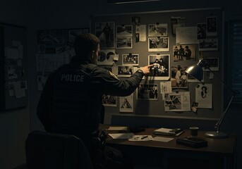 Detective examining evidence wall in dark room. Police officer investigating crime scene photos. Forensic analysis and criminal profiling in action