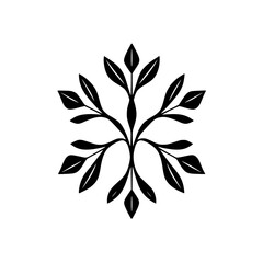 Symmetrical black snowflake-like motif of leaves on a white background.