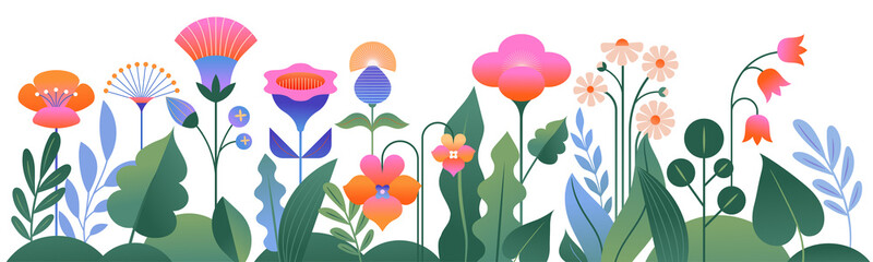 Background and banner decorated with pastel colors blooming flowers and leaves. Spring, Easter, Summer theme with dragonfly, butterfly and bee. Flat folk geometric style.