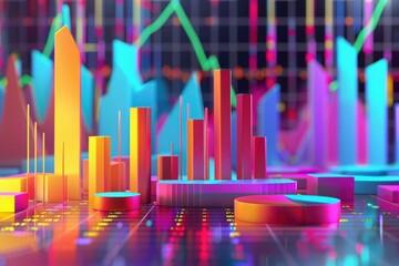 Fototapeta premium Vibrant 3D Bar and Pie Charts Illustrating Financial Performance and Market Trends
