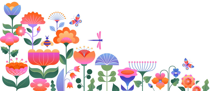 Background and banner decorated with pastel colors blooming flowers and leaves. Spring, Easter, Summer theme with dragonfly, butterfly and bee. Flat folk geometric style.