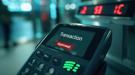 Obraz premium Contactless Payment Terminal Displaying Approved Transaction in Modern Minimalist Design