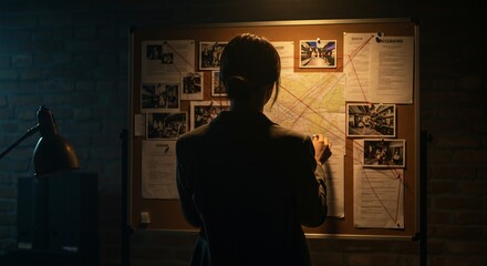 Detective examining evidence board in dimly lit room. Silhouette of investigator analyzing crime scene photos and case files. Police investigation concept.