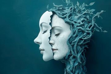 Surreal dual faces merge with nature, symbolizing transformation and rebirth with roots and leaves. Expresses concepts of growth and renewal, fitting for Earth Day