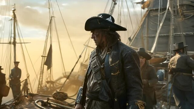 Pirate adventure at sea: a lone pirate stands on the deck of old ship, dressed in traditional 17th-century garb, ready for a thrilling journey under a bright sunset, surrounded by wind and saltwater.