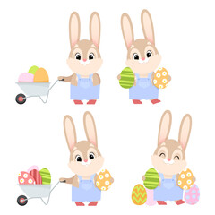 Cute Easter bunny with a wheelbarrow carrying Easter eggs