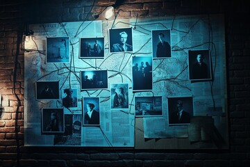 Crime investigation board with photos and connections. Detective wall in dark room. Police evidence analysis for solving mystery. Thriller atmosphere.