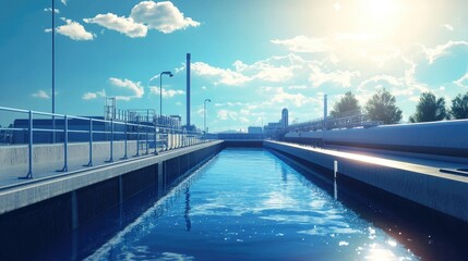 Water treatment plant with a beautiful blue sky and sunlight, modern urban wastewater and sludge management system for clean water production in an industrial park