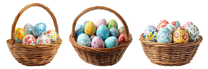 Set of a basket full of Easter eggs in pastel colorful color with cute pattern on transparent background.