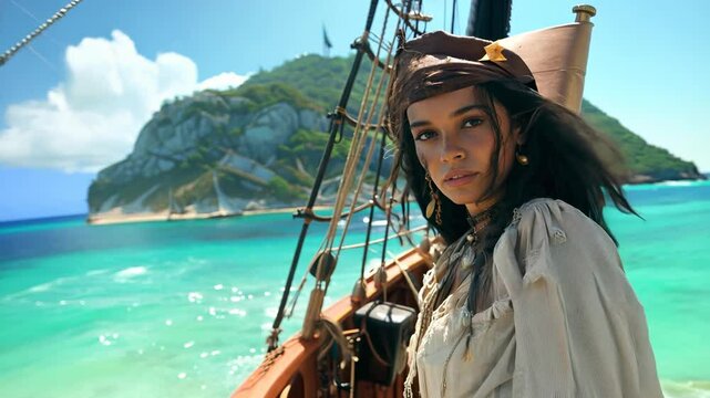 Pirate adventure at sea: a lone pirate stands on the deck of old ship, dressed in traditional 17th-century garb, ready for a thrilling journey under a bright sunset, surrounded by wind and saltwater.