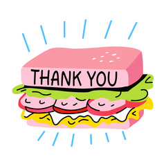 A flat sticker of sandwich with thank you typography