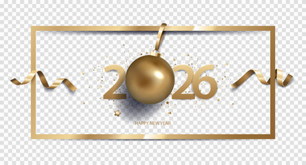 Happy New Year 2026 background with Christmas decoration and confetti in golden frame, isolated on transparent background.