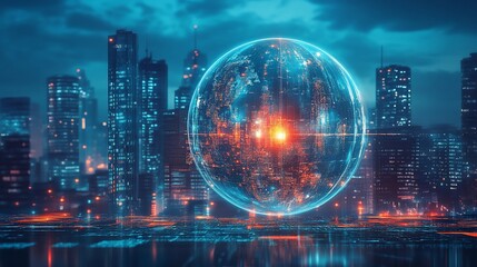 Futuristic Cityscape with Holographic Globe