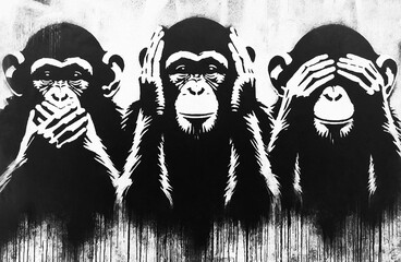 Three Wise Monkeys Apes chimp isolated on white background. See hear say concept. 3 monkey sit with closed eyes, mouth ears.  blind, deaf mute animal illustration. no see, hear, speak evil © Maxim Chuev