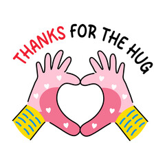 A flat sticker of hand gesture making heart with thanks typography