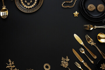 Elegant assortment of gold cutlery and decorative items on a black surface for a luxurious dining experience. Generative AI