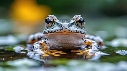 Obraz premium A close-up of a frog resting on water, showcasing its vibrant colors and details.