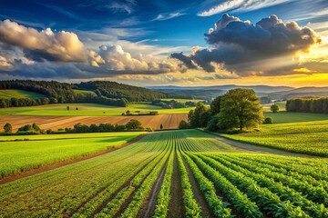 Sunset farmland rows, hilly landscape, dramatic clouds, agriculture