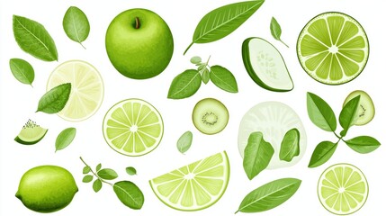 Fresh green produce slices levitating over pristine white surface, featuring limes, apple, kiwi, cucumber, complemented by verdant leaves suggesting wellness and vitality